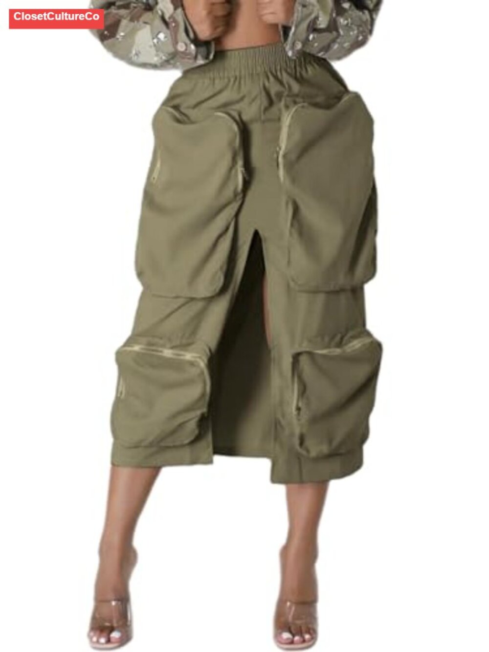 Cargo Midi Skirt High Waist Front Slit Zip Pockets Polyester Spandex